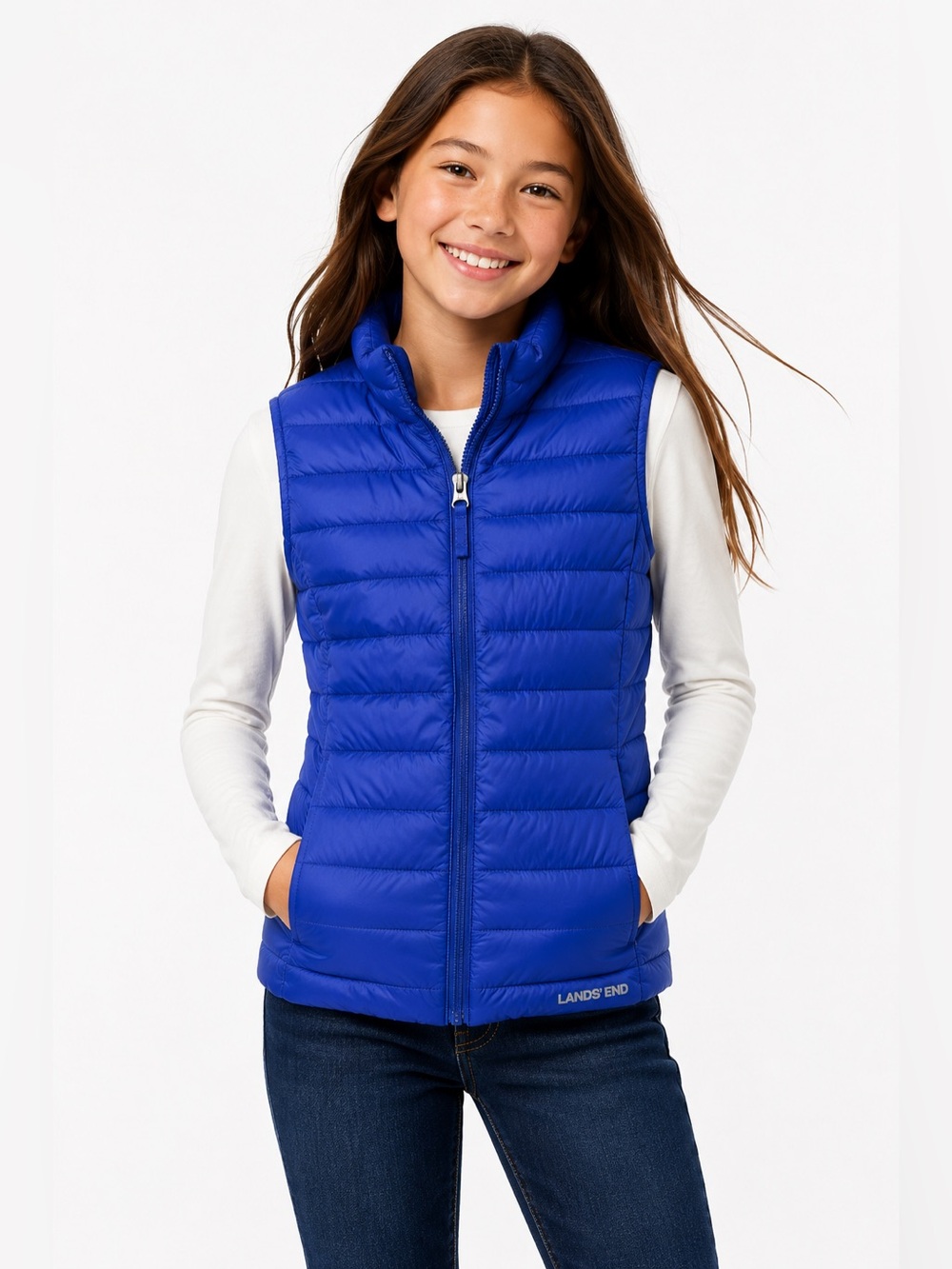 Lands’ End Girls Packable Quilted Puffer Vest Blue Size L 10-12 NWT‎